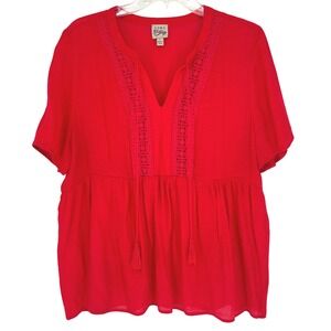 Como Vintage Red Babydoll Blouse Crochet Lace Trim Short Sleeve Top L Soft Boho